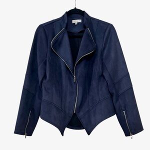 Solitaire Faux Suede Navy Zip Front Moto Blazer with Zippered Sleeve Size Medium